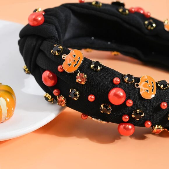 Halloween Headband Women Pumpkin Ghost Gothic Pearl Rhinestone Knotted Hairband - Picture 6 of 7